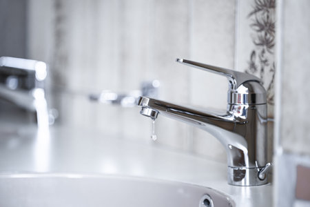 Dripping tap with water droplets inside apartment bathroom. Macro, close up shot, shallow depth of...