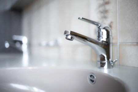 Shiny, chrome water tap inside apartment bathroom. Close up shot, shallow depth of field, no people
