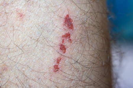 Skin bruise or abrasion wound on a Caucasian male's leg. Close up shot, hairy leg