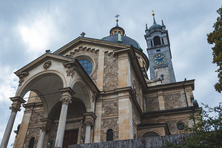 Protestant church building entrance facade in a European town. Wide angle, looking up shot, no peopleの写真素材