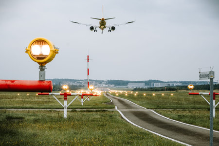 Commercial passenger airplane landing on an illuminated airport runway strip. Ground level, rear of...