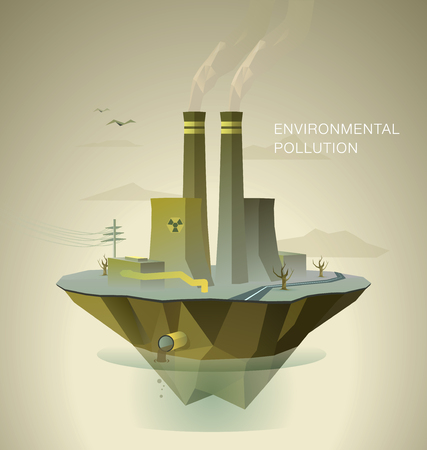 polygonal illustration of air and water pollution with dead trees and factory on islandのイラスト素材