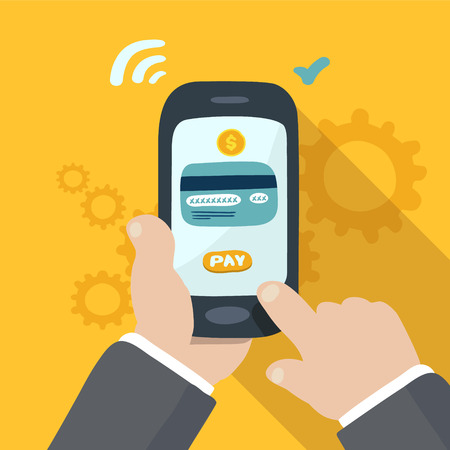 mobile payment, hand holding phone, doodle illustrationのイラスト素材