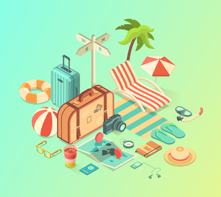 Summer Travel and Vacation isometric Accessoriesのイラスト素材