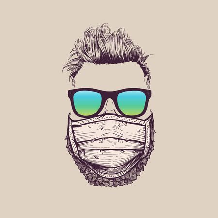 Cool hipster wearing protection surgical face mask against coronavirusのイラスト素材