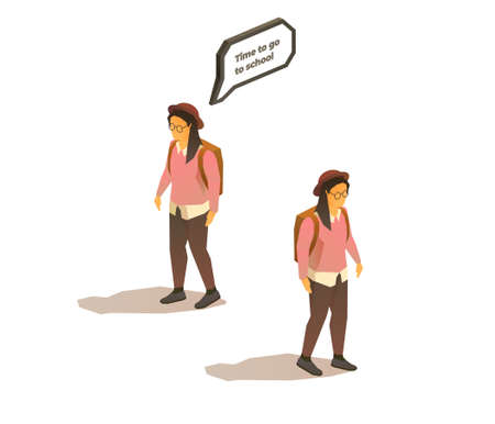 Nerd cool hipster student girl with a hat, backpack and glasses. Isometric vector isolated illustrationのイラスト素材