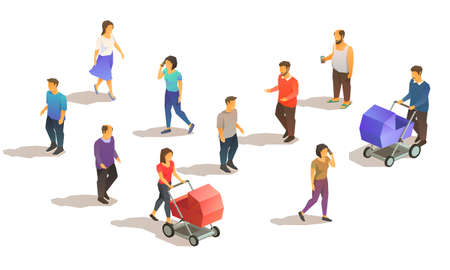 Set of isometric suburbian people. 3D low poly vector illustrationのイラスト素材