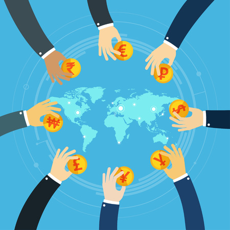 International business visual concept. Businessman hands holding gold coins. Successful Trader. Foreign currency investment. Money exchange. World map business.のイラスト素材