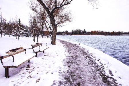 Peaceful quiet pathway along the Wascana creek in winter time.の写真素材