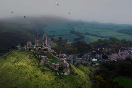 Castle in ruins from above with hazy weatherの写真素材