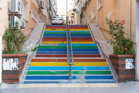 Stairs painted in rainbow colorsの写真素材