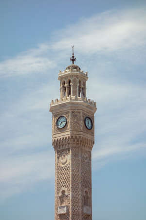 blue sky and clock tower in izmirの写真素材