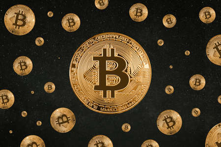 Seamless pattern of Bitcoin on blackの写真素材