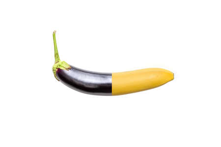 yellow banana and eggplant advertisement image on white backgroundの写真素材