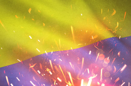 Ukrainian flag burning and in sparksの写真素材