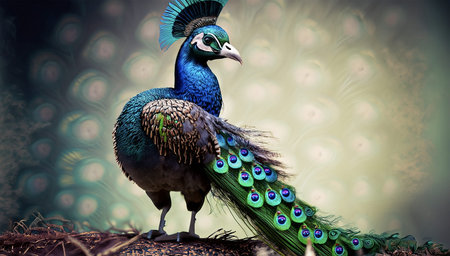 Peacock with feathers in the headdress on a green backgroundの写真素材
