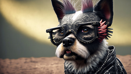 Funny chihuahua dog wearing aviator glasses and leather jacketの写真素材