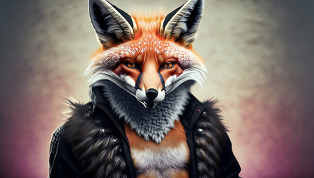 Fashionable fox in leather jacket on dark background. 3D renderingの写真素材