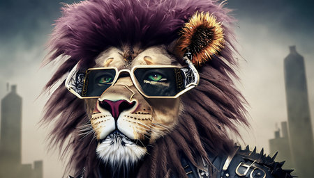 Lion wearing a fur coat and sunglasses. 3d rendering.の写真素材