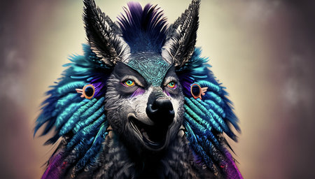 Fantasy portrait of a wolf with blue eyes and purple feathers.の写真素材