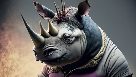 Funny rhinoceros with big horn. 3d renderingの写真素材