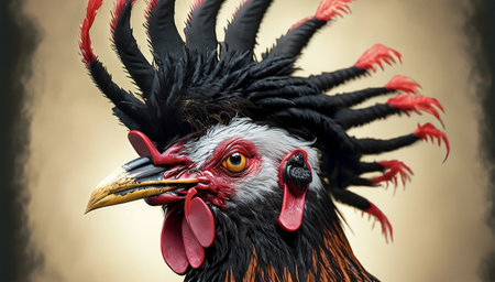 Rooster head with red and black feathers, 3d illustration.の写真素材