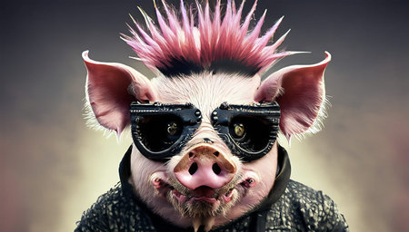 Portrait of a funny pig wearing aviator goggles and a leather jacket.
