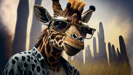 Portrait of a giraffe wearing sunglasses. 3D rendering.の写真素材