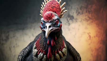 3d rendering of a black rooster with red eyes and a red headbandの写真素材