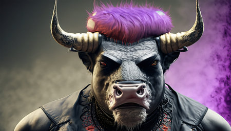 An image of a greek warrior with horns and purple hair.の写真素材