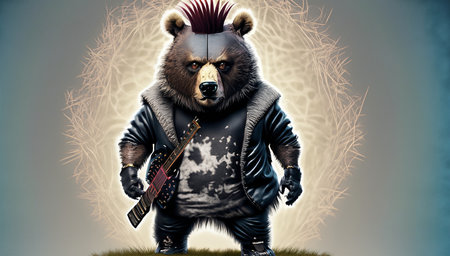 Grizzly bear with electric guitar in his hand. 3D illustration.の写真素材