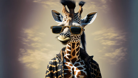Fashionable giraffe wearing sunglasses. 3D Rendering.の写真素材