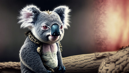 Image of koala bear with black eyes on a wooden background.の写真素材