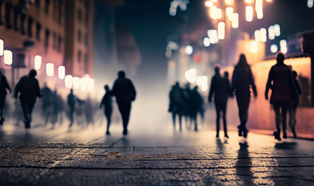 People walking in the street at night. Blurred image of people.の写真素材