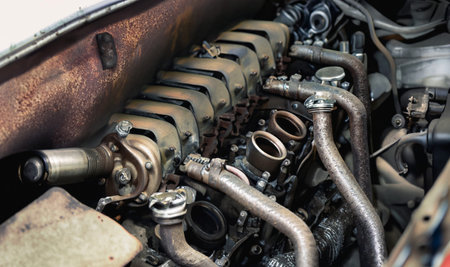 Detail of the engine of an old car. selective focus.