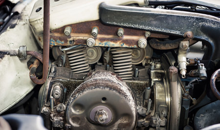Close up of old and dirty car engine. vintage car background.の写真素材
