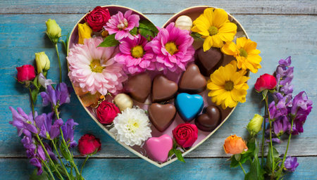 Heart-shaped box of chocolates and flowers on wooden backgroundの素材