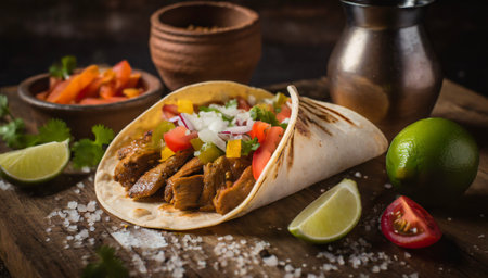 Traditional mexican tacos with meat, vegetables and salsa on wooden backgroundの素材