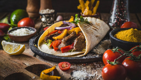 Traditional mexican tacos with beef and vegetables on wooden background.の素材