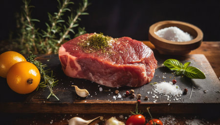 Raw beef steak with herbs and spices on a wooden cutting board.の素材
