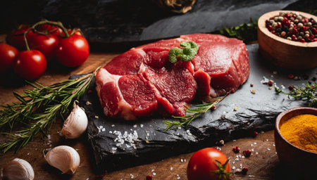 Raw beef steak with spices and herbs on a dark wooden background.の素材