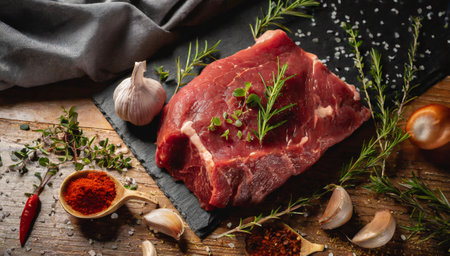 Raw beef steak with spices and herbs on a rustic wooden backgroundの素材