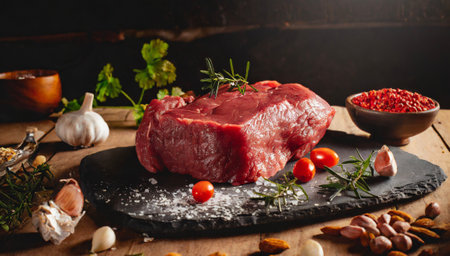 Raw beef meat with spices and herbs on a black slate plate.の素材