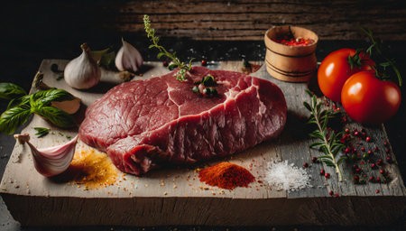 Raw beef steak on cutting board with herbs, spices and tomatoes on dark wooden backgroundの素材