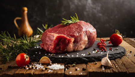 Raw beef steak with rosemary and spices on a dark background.の素材