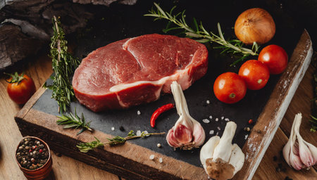 Raw pork steak with rosemary, garlic, tomatoes and pepper on wooden backgroundの素材