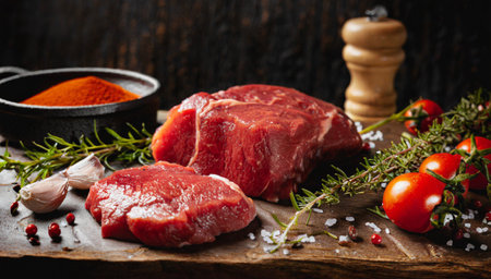 Raw beef meat with spices and herbs on wooden cutting board. Selective focus.の素材