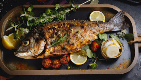 Grilled fish with lemon, herbs and vegetables on a black backgroundの素材