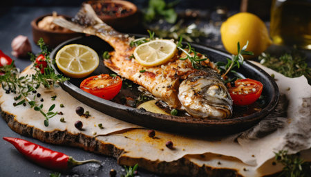 Grilled fish with lemon and herbs on a cast-iron panの素材