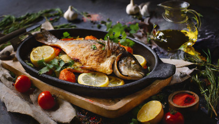 Baked fish with vegetables in a frying pan on a dark backgroundの素材